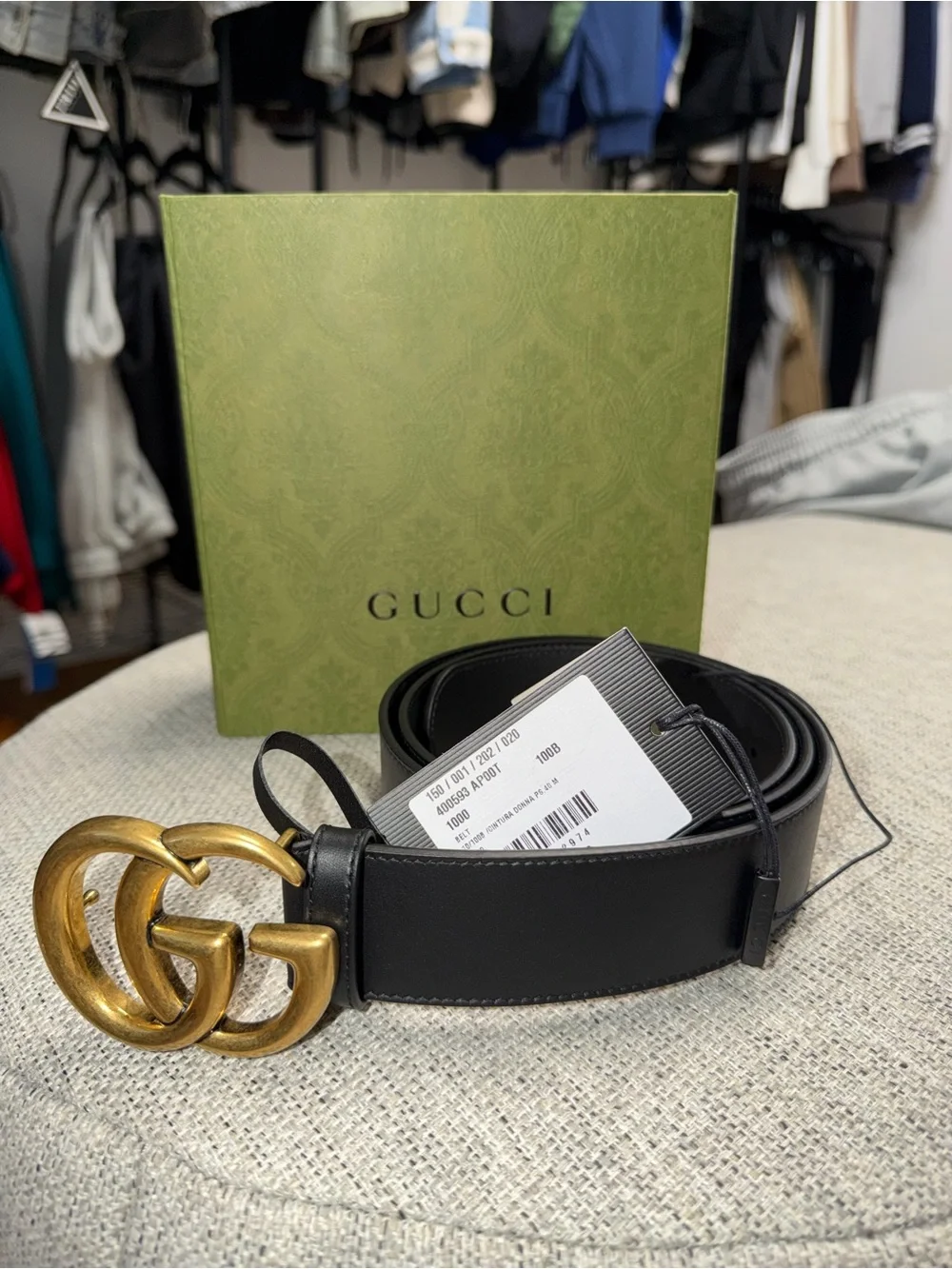 Gucci Black Leather Belt with Gold Double G Buckle NWT